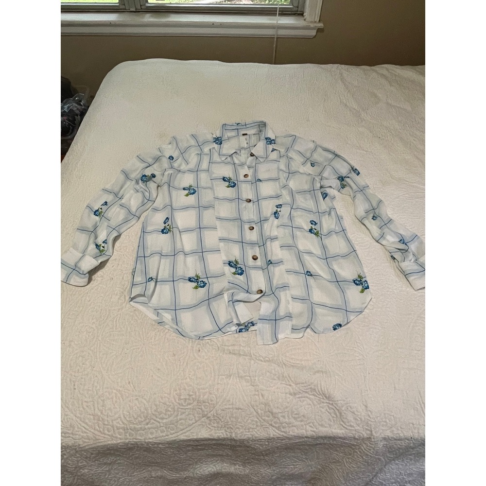 Free People Blue Floral Plaid Button Down Blouse Viscose Long Sleeve Top Large